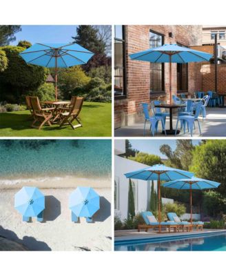 9ft Solid Wood Outdoor Patio Umbrella with Base Included Parasol Wheels Stand for Bistro Market Garden Deck Yard Poolside Blue