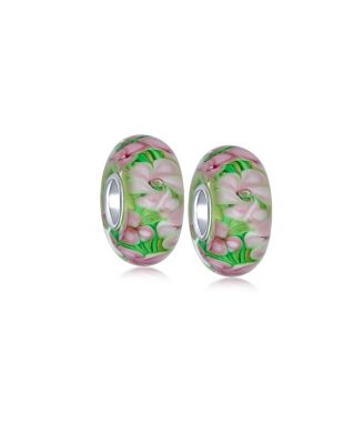 Set of 2 Floral Design Murano Glass Spacer Charm Bead Sterling Silver