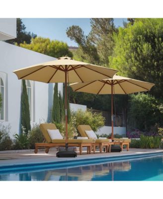 9ft Solid Wood Outdoor Patio Umbrella with Base Included Parasol Wheels Stand for Bistro Market Garden Deck Yard Poolside Tan