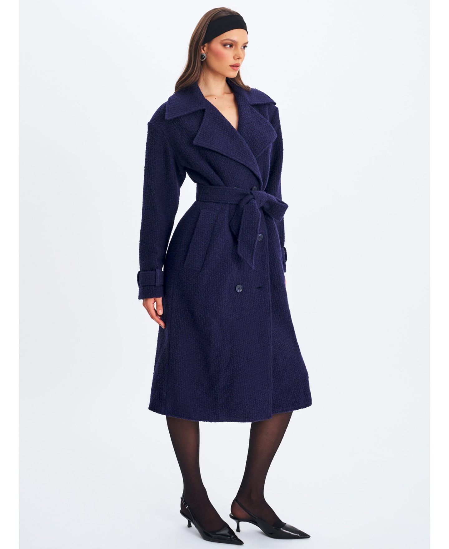 Женское пальто Miss Circle Jaelyn Midnight Blue Wool Blend Double-Breasted Belted, цвет: Тёмно-синий — фото 7