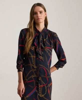 Petite Print Georgette Tie-Neck Shirt Dress