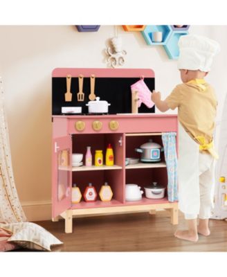 Play Kitchen for Kids w/ Door Curtain Stoves Sink & Oven Cookware Accessories