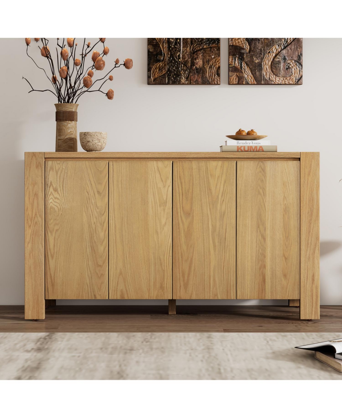 Streamdale Retro Wood Buffet Cabinet - 4 Door, Adjustable Shelves (Natural)