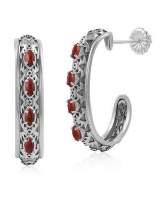 Sterling Silver Red Jasper Patterned J-Hoop 1 Inch Earrings