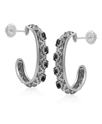 Sterling Silver Black Onyx Patterned J-Hoop 1 Inch Earrings