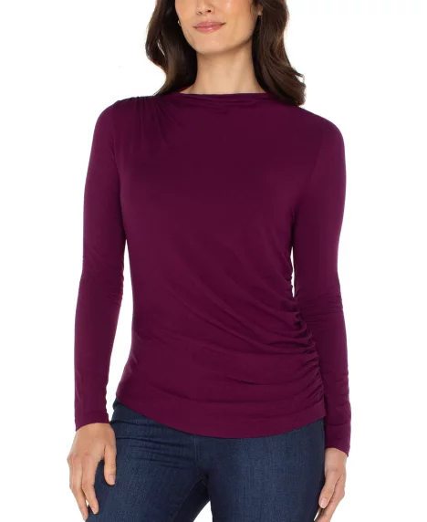Petite Long Sleeve Mock Neck Shirring Top - Wine Berry