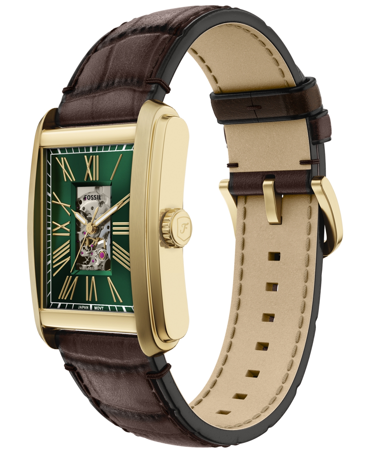 Fossil Carraway Automatic Brown Croc-embossed Leather Watch, 30mm X 42mm In Gold