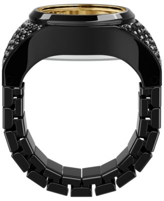 Women's Watch Ring Two-Hand Pav&eacute; Black Stainless Steel Watch, 15mm