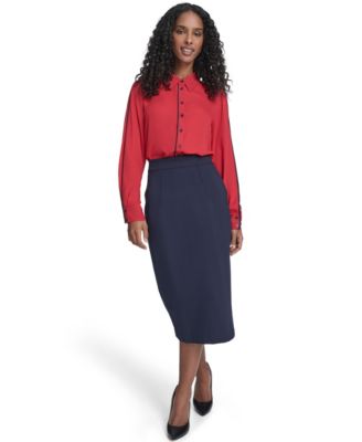 Women's Long Sleeve Contrast Trim Button-Up Blouse