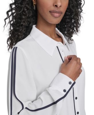 Women's Long Sleeve Contrast Trim Button-Up Blouse
