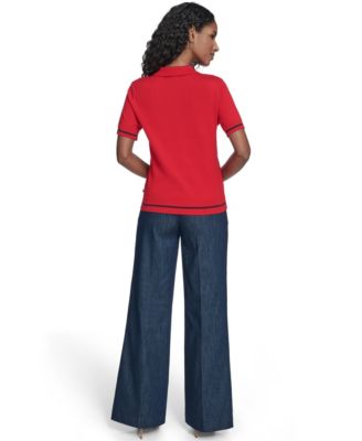 Women's Short Sleeve Pointelle Polo Sweater