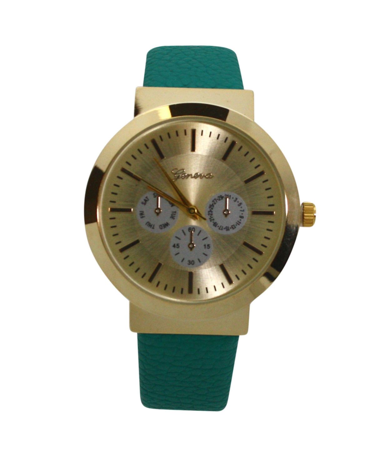 Бирюзовый циферблат с календарем Часы на кожаном ремешке с золотым акцентом