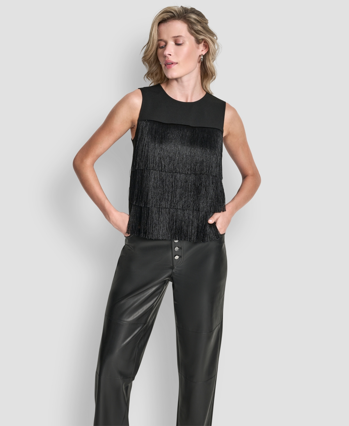 Dkny Womens Tiered Fringe Blouse Seamed Straight Pants In Black