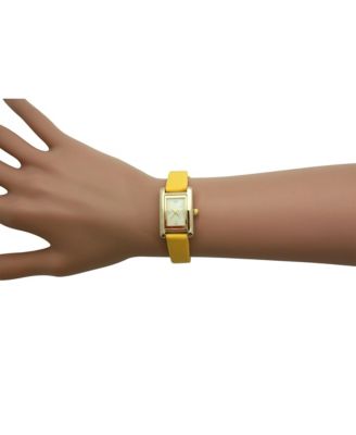 Yellow Thin Gold Square Face Solid Faux Leather Women Watch