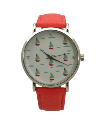 Coral Faux Leather Sailing Boats Dial Women Watch