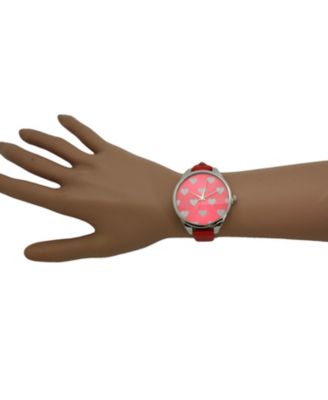 Red Heart Print Face Leather Strap Watch
