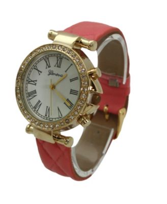Hot Pink Quilted and Gold Detail Leather Strap Watch