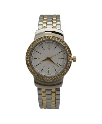 TWO TONE TEXTURED AND RHINESTONE DETAL BANGLE WATCH
