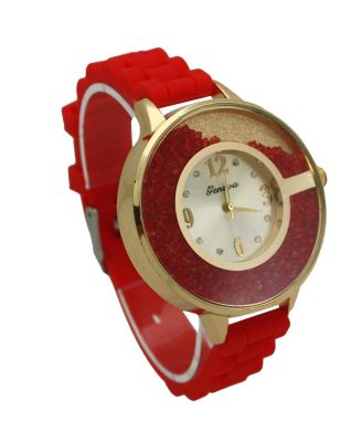 RED FLOATING COLORFUL STONES SILICONE STRAP WATCH