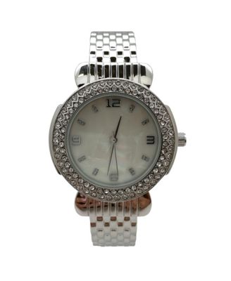 Silver Round Face Rhinestone Bezel Bangle Women Watch