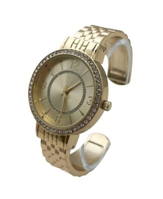 Gold Round Face Rhinestone Bezel Textured Bangle Women Watch