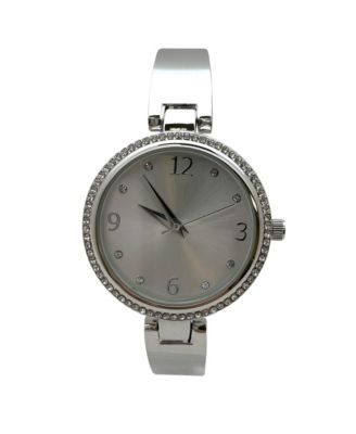 Silver Round Face Rhinestone Bezel Soft Bangle Women Watch