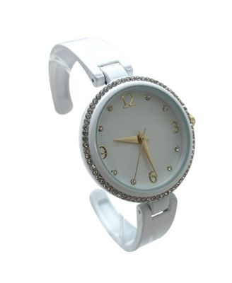 White Round Face Rhinestone Bezel Soft Bangle Women Watch