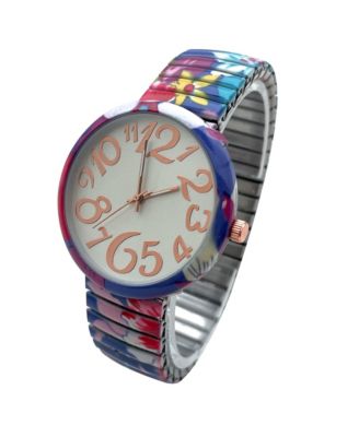 Colorful Floral Big Dial Easy Reader Watch Floral Elastic Stretch Band Wristwatch Women Watch
