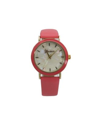 Bubble Pink Colored Case Pearl Dial Leather Strap Watch