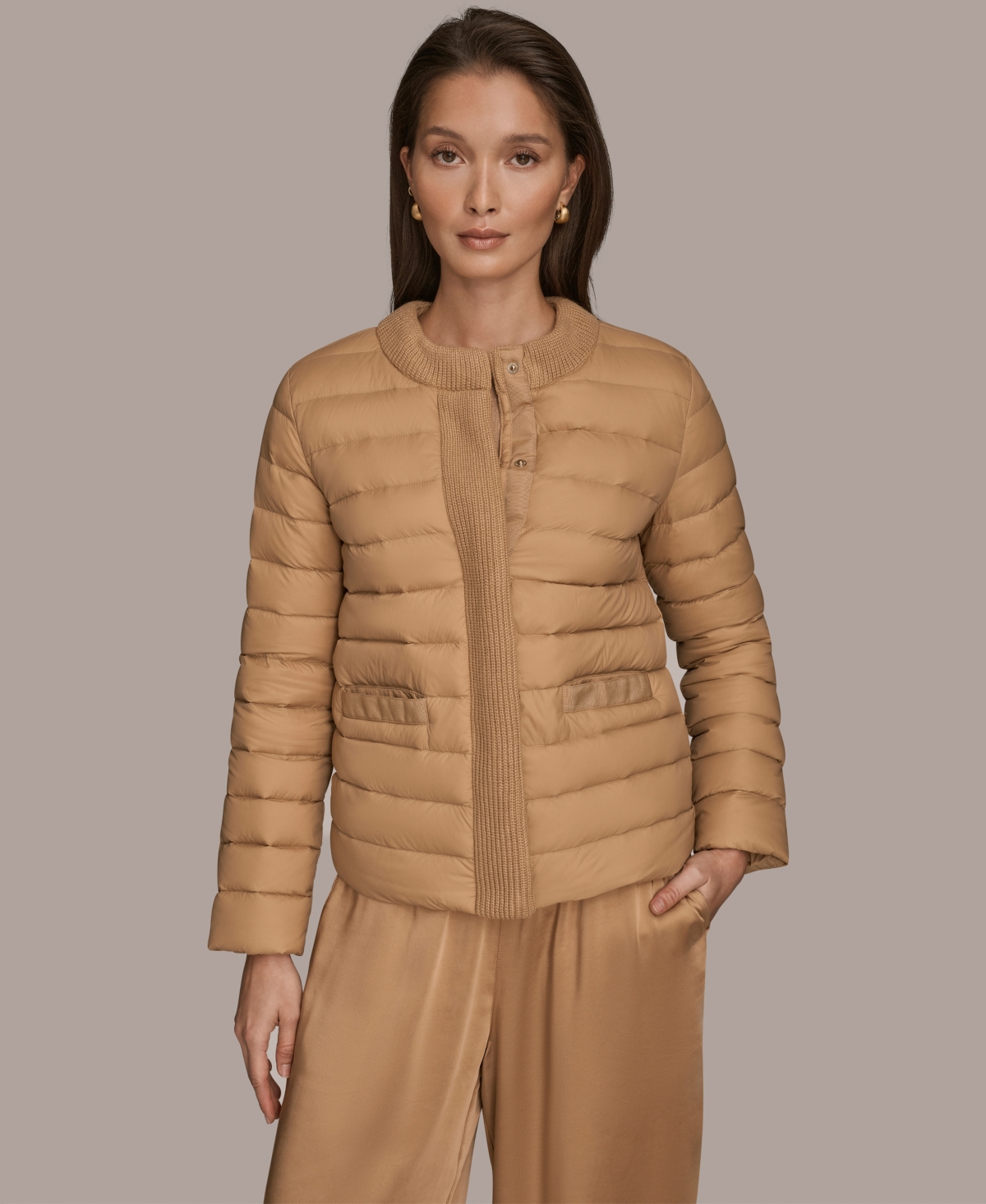 Donna Karan Weekend Women's Collared Puffer Jacket In Brown