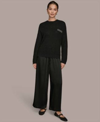 Women's Long-Sleeve Wool Cashmere Blend Waffle Stitch Sweater with Chest Pocket