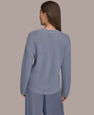 Women's Long-Sleeve Wool Cashmere Blend Waffle Stitch Sweater with Chest Pocket