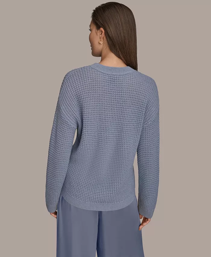 Women's Long-Sleeve Wool Cashmere Blend Waffle Stitch Sweater with Chest Pocket - thumbnail 3