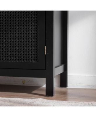 58" Mid-Century MDF & Rattan Magnetic Doors, Adjustable Shelves, Metal Handles Rattan Sideboard Buffet Cabinet