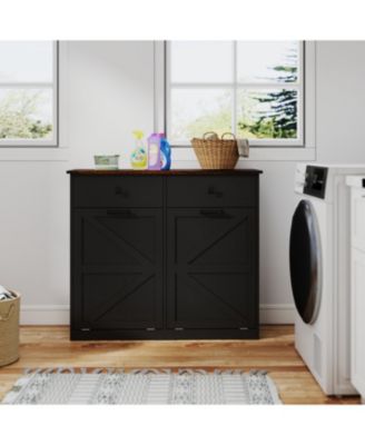 39.3"W Engineered Wood Farmhouse Black Double Tilt-Out Trash Cabinet
