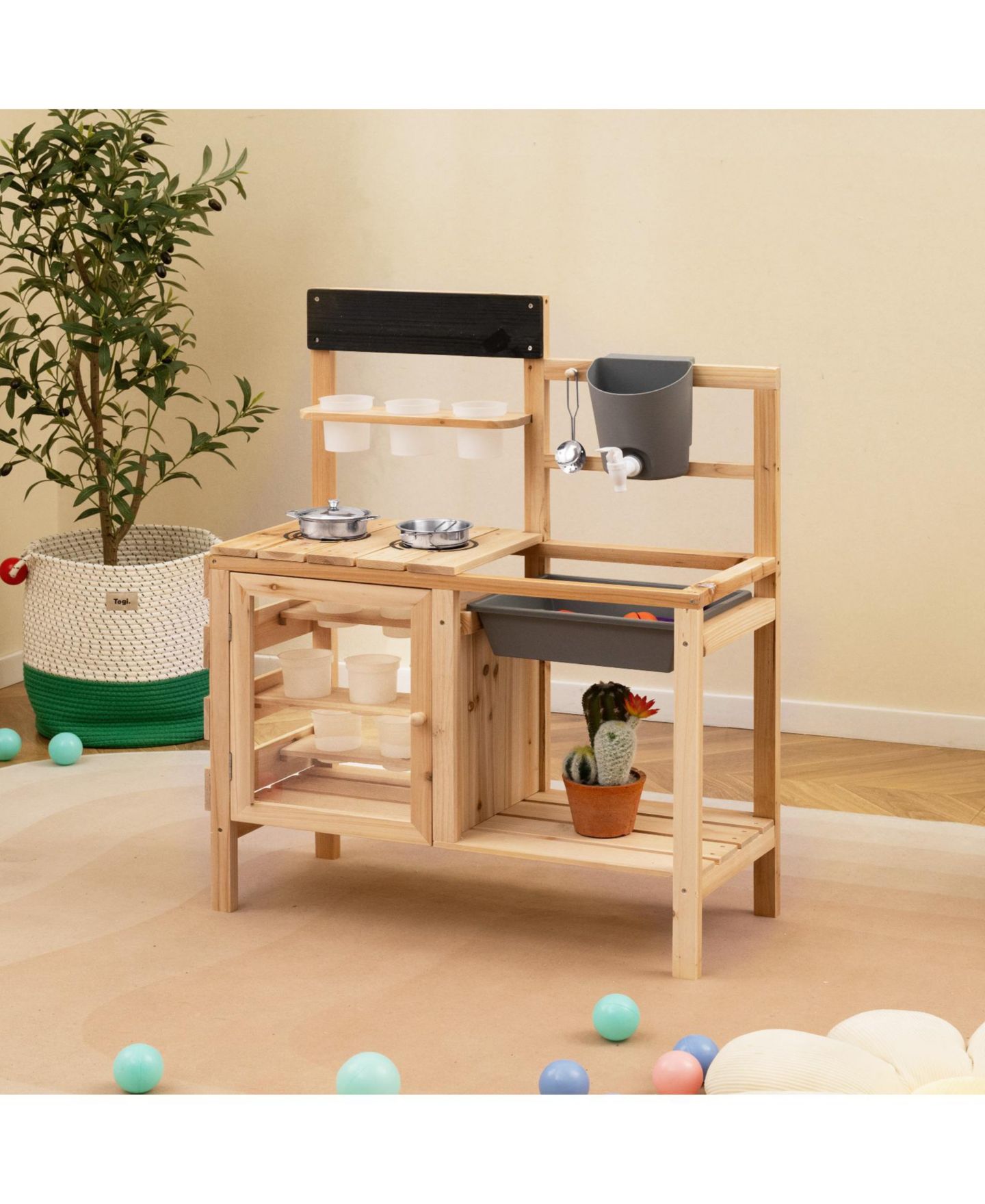 Детские игрушки Gymax Outdoor Wooden Mud Kitchen Playset, 17-Piece Set, Ages 3+, цвет: Натуральный — фото 3