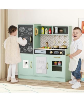 Play Kitchen Toy Set w/ Chalkboard Oven Sink Curtain Microwave Water Dispenser