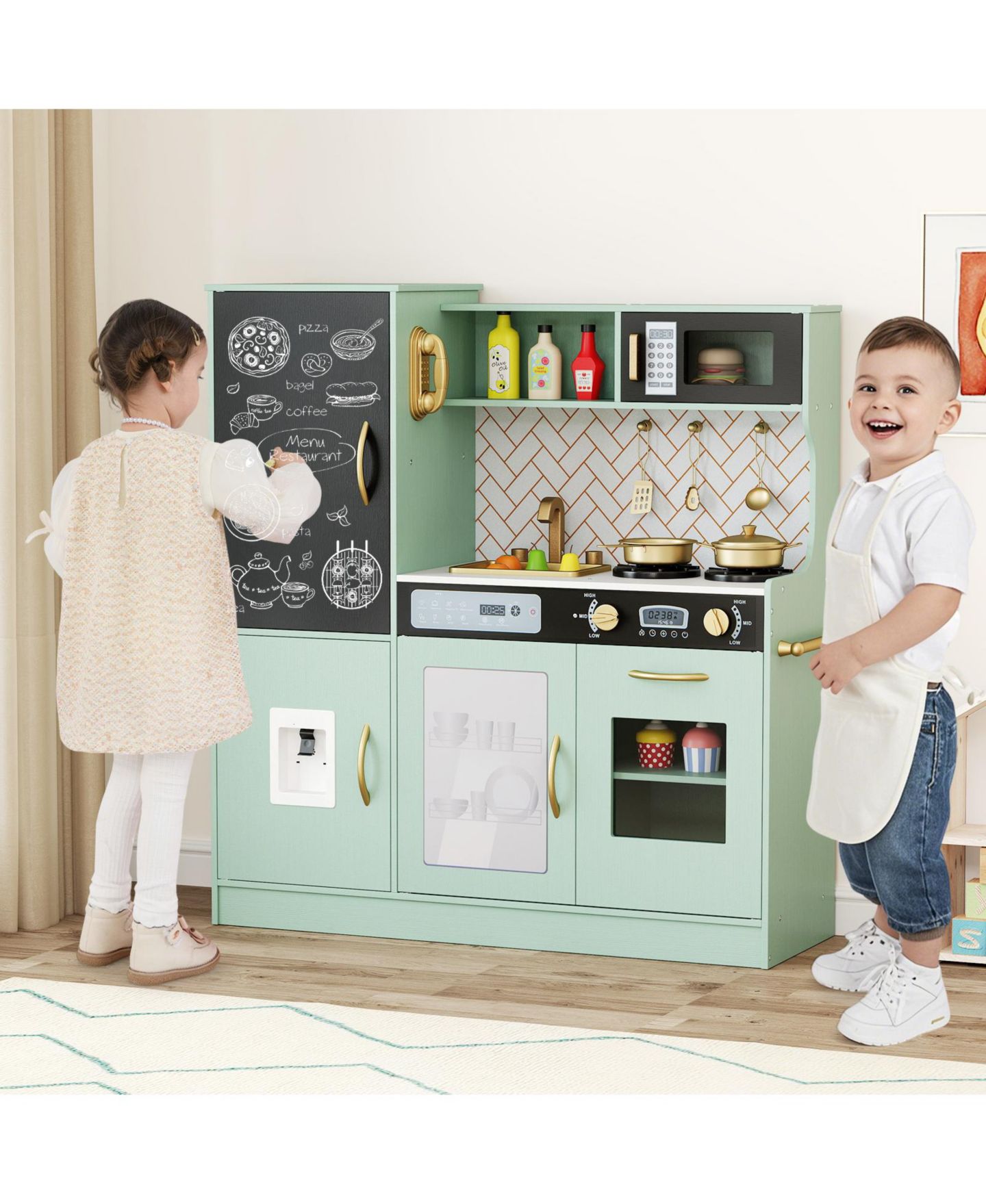 Детская игрушка Gymax Light-Up Stoves Chalkboard Play Kitchen, Ages 3+, цвет: Зелёный — фото 3