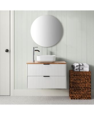 Streamdale 32" Double Drawer White Vanity, Natural Wood Top, Ceramic Sink & Round Mirror
