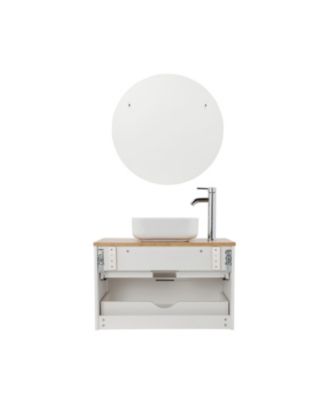 Streamdale 32" Double Drawer White Vanity, Natural Wood Top, Ceramic Sink & Round Mirror