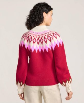 Women's Fuzzy Turtleneck Lantern Sleeve Jacquard Sweater