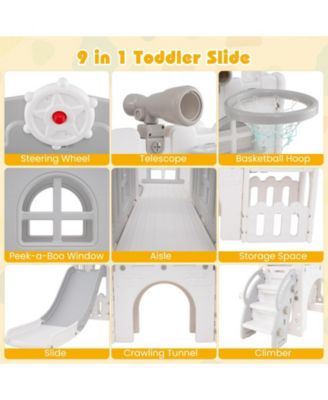 9 in 1 Toddler Slide L Shaped Kids Slide & Climber Playset w/ Basketball Hoop