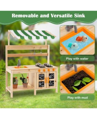 Kids Mud Kitchen Outdoor Wooden Pretend Play Kitchen w/ 4 Stoves, Canopy Faucet