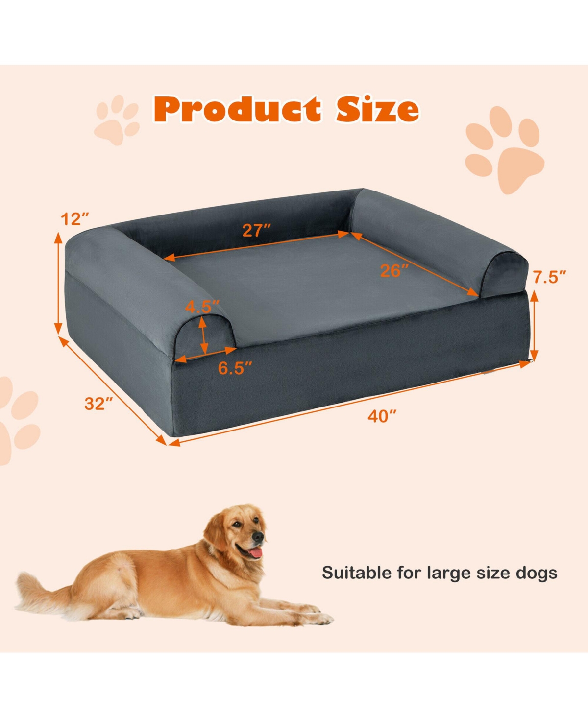 Gymax Cooling Gel Dog Bed for Large Dogs with Removable Bolsters & Washable Cover