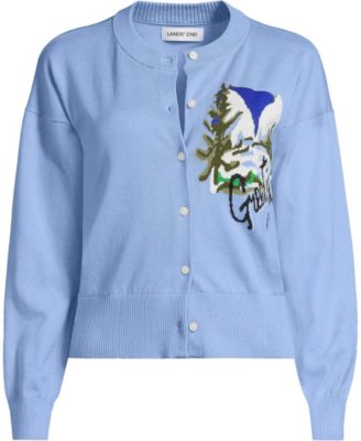 Women's Cropped Placed Jacquard Fine Gauge Crew Neck Cardigan Sweater