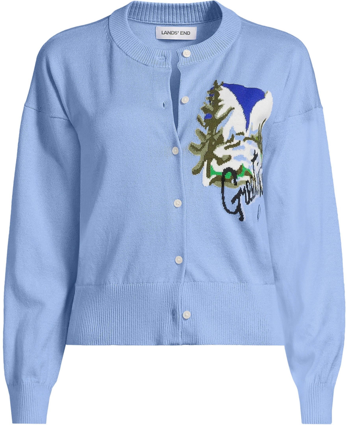 Lands' End Women's Cropped Placed Jacquard Fine Gauge Crew Neck Cardigan Sweater