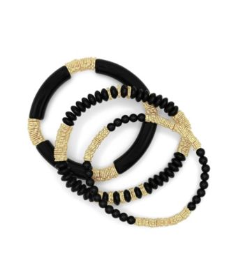 Black Beads and Gold Plated Textured Bead Bracelet Stack