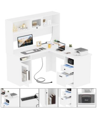 L Shaped Desk with Hutch, Corner Desk Workstation with Charge Station and File Cabinet