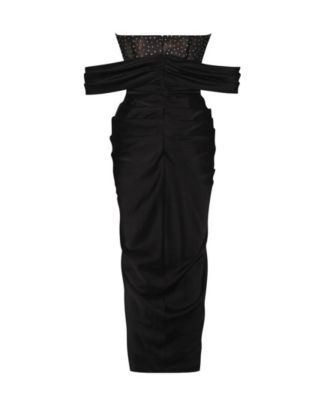 Women's Stella Black Off Shoulder Crystal Corset Satin Gown
