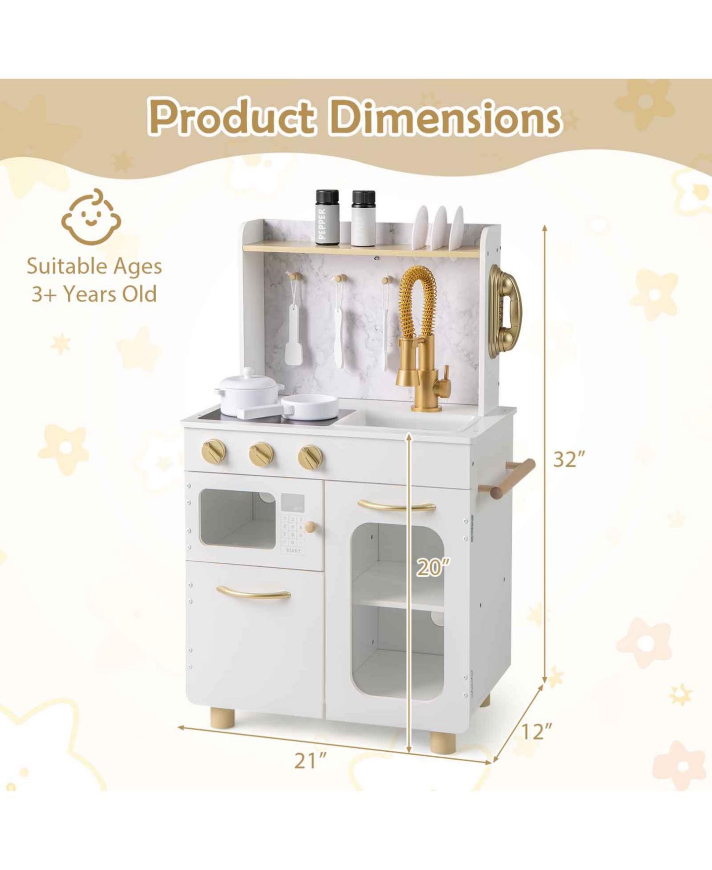 Детская игрушка Gymax Wooden Play Kitchen with Stoves, Sink & Faucet and Telephone, Ages 3+, цвет: Белый — фото 2